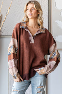 Oli & Hali OVERSIZED Top with Patchwork Detailed Sleeves in Burgundy