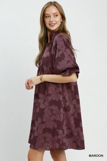 Umgee Floral Textured Jacqaurd V-Neck Dress in Maroon
