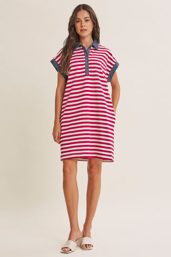 In February Yacht Club Relaxed Fit Casual Stripe Polo Mini Dress in Burgundy/Cream