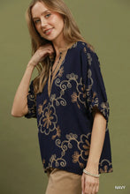 Load image into Gallery viewer, Umgee Floral Embroidered Split Neck Blouse in Navy
