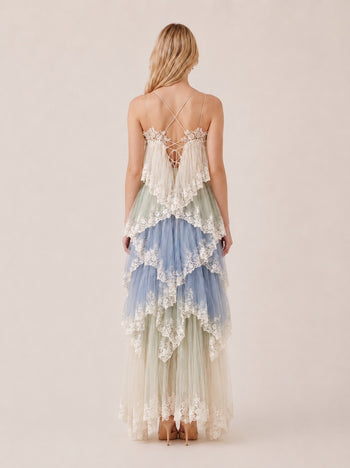 Lena Romantic Layered Maxi Dress in Blue Multi