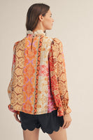 Jodifl Eyelet Ruffled Neckline Baroque Floral Top in Red/Neon Pink