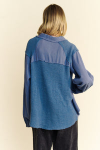 Davi & Dani Waffle Knit and Gauze Top in Teal Blue