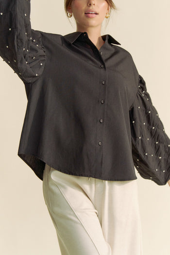 Davi & Dani Solid Color Button Up Top with Stone Embellished Sleeves in Black