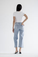 Mica Denim High Rise Pearl and Rhinestone Embellished CROPPED Wide Leg Jeans in Grizzlies Blue