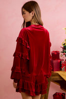 BiBi Holiday Velvet Ruffled Sleeves V Neck Top in Crimson