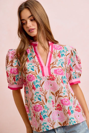 BiBi Woven Flower Print Top with Contrasting Trim in Pink ON ORDER