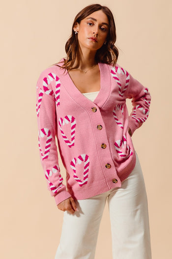 So Me Christmas Candy Cane Cardigan in Pink