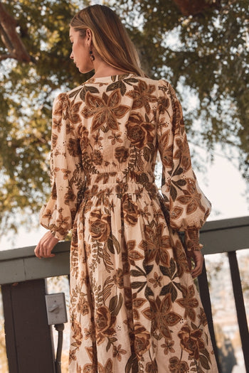 Oddi Floral Printed Midi Dress in Sand Multi