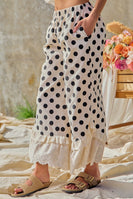 BiBi Linen Blend Polka Dot Printed Ruffle Lace Hem Pants in Cream/Black