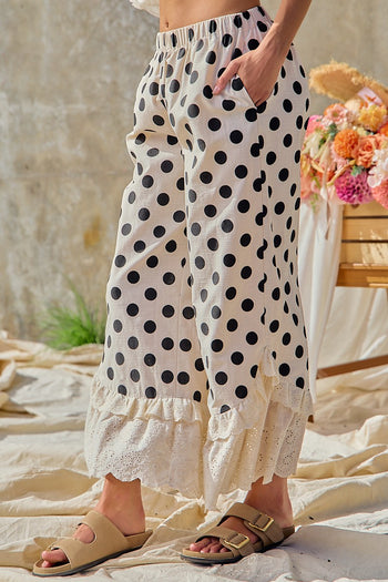 BiBi Linen Blend Polka Dot Printed Ruffle Lace Hem Pants in Cream/Black