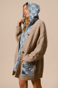 BiBi Cable Knit and Checkered Denim Zip Up Cardigan in Latte/Denim