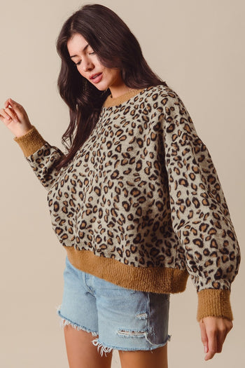 So Me Fuzzy Knit Sweater with Leopard Print in Oatmeal