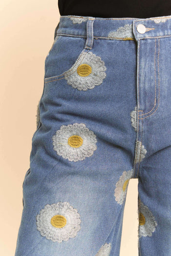 Davi & Dani Wide Leg Jeans with Daisy Flower Stitching in Blue Denim