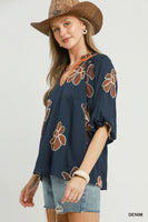 Umgee Floral Embroidered V-Neck Relaxed Top in Denim