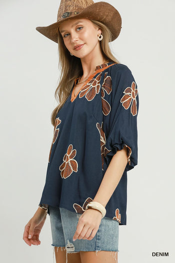 Umgee Floral Embroidered V-Neck Relaxed Top in Denim