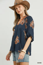 Load image into Gallery viewer, Umgee Floral Embroidered V-Neck Relaxed Top in Denim
