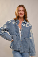 Blue B Denim Jacket with Floral Embroidery in Light Denim