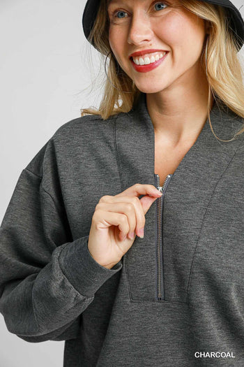 Umgee LuxeKnit High Neck Sweatshirt in Charcoal