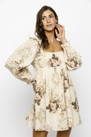 Storia Rose Print And Embossed Baby Doll Dress in Beige Floral
