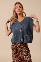 So Me Solid Color Knit Sweater Vest with Big Metal Buttons in Midnight Blue