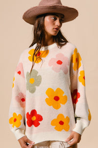 BiBi Multi Colored Daisy Flower Sweater in Cream