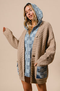 BiBi Cable Knit and Checkered Denim Zip Up Cardigan in Latte/Denim