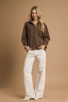 Umgee Textured Top with Contrasting Trim in Brown