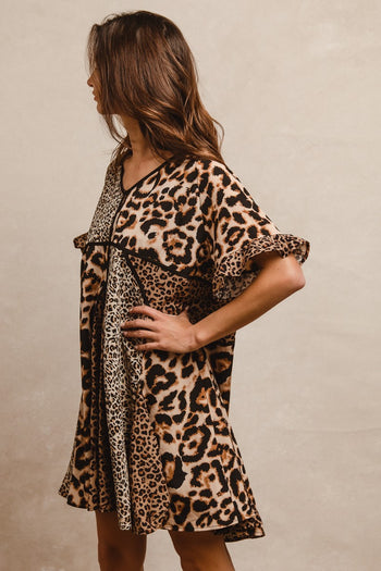 BiBi Mixed Leopard Print Patchwork Mini Dress in Leopard Mix
