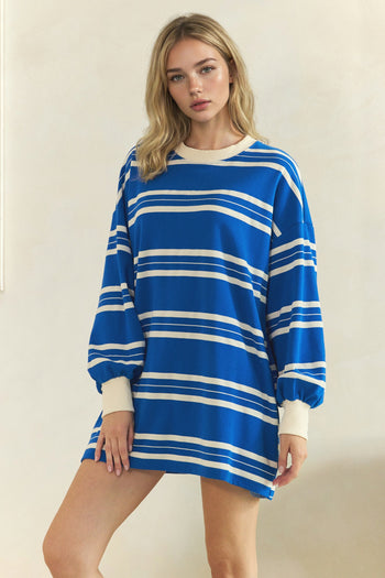 Veveret Coastal Breeze Stripe Sweatshirt Dress in Blue Combo