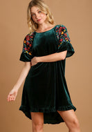 Umgee Velvet Mini Dress with Floral Embroidery in Hunter Green