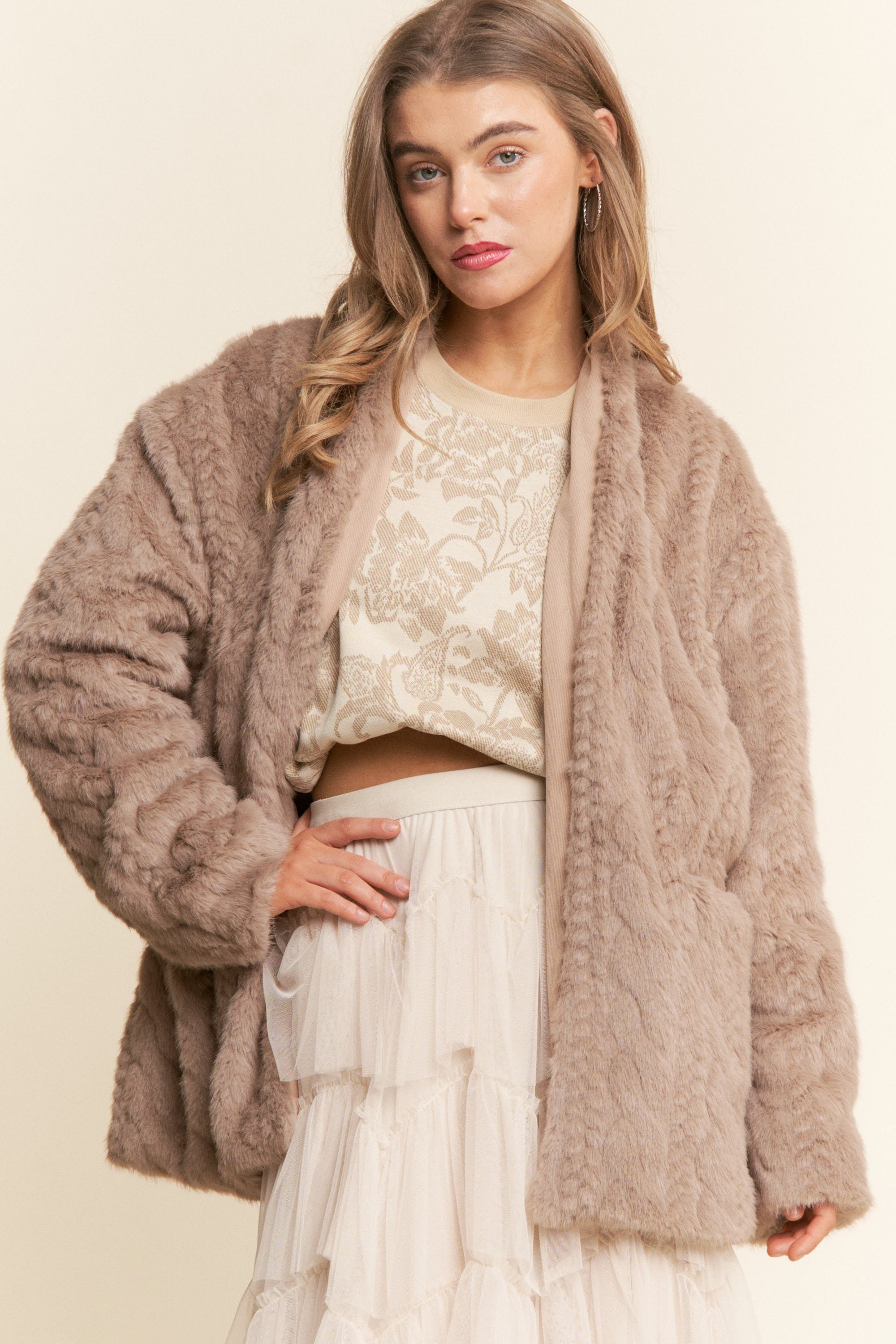 J.nna Open Front Faux Fur Jacket in Light Cocoa – June Adel