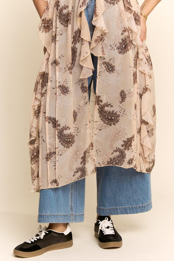 Davi & Dani Printed Chiffon Kimono in Beige