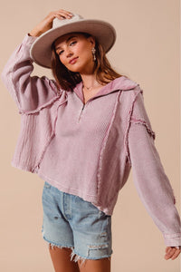 So Me SEMI-CROPPED Knit and Thermal Mixed Fabric Top in Mauve