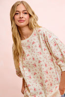 BiBi OVERSIZED Washed Twill Floral Print Top in Cream/Red Floral