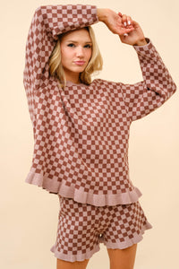 Blue B Cozy Knit Checkerboard Set with Frill Ruffles in Walnut