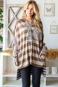 Oli & Hali Mineral Washed Striped Tee with Hood in Dusty Grey Shirts & Tops Oli & Hali   