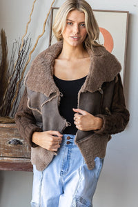 Oli & Hali Faux Fur and Leather CROPPED Jacket with Cable Knit Sweater Sleeves in Chocolate