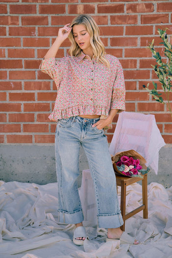 BiBi Pink Floral Ruffle Hem Button Down Blouse in Dusty Rose