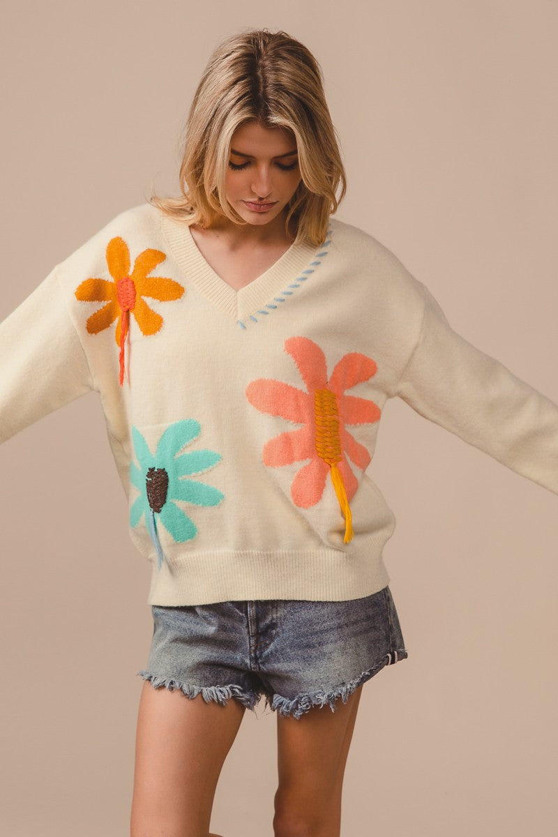 トップス bibiy BY. FLOWER SWEATSHIRT BiBi Flower Pattern Sweater with Stitched and Fringe Details in