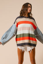 Load image into Gallery viewer, BiBi Cable Knit Multicolored Striped Sweater with Denim Sleeves in Pumpkin Combo
