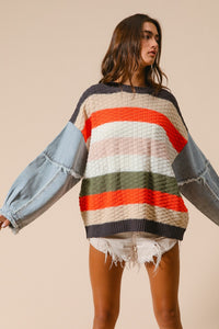 BiBi Cable Knit Multicolored Striped Sweater with Denim Sleeves in Pumpkin Combo