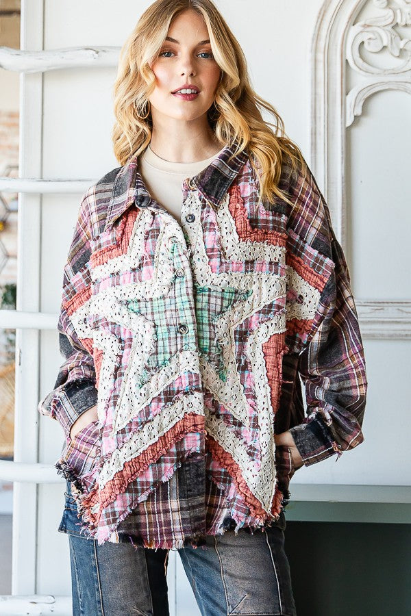 Oli & Hali Button Up Mixed Plaid Shirt with Front Star Patch in