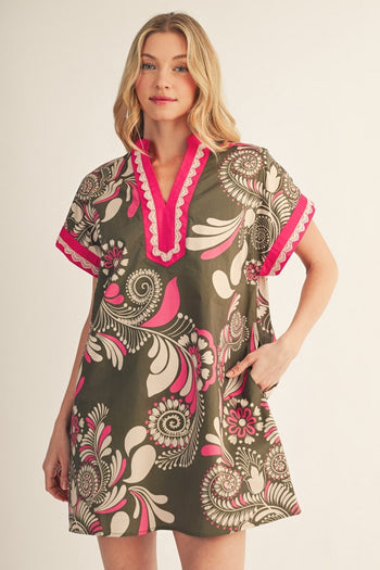 Jodifl Lace Trim Accent Boho Floral Dress in Olive