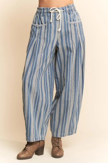 Davi & Dani Striped Barrel Pants in Light Denim Stripe