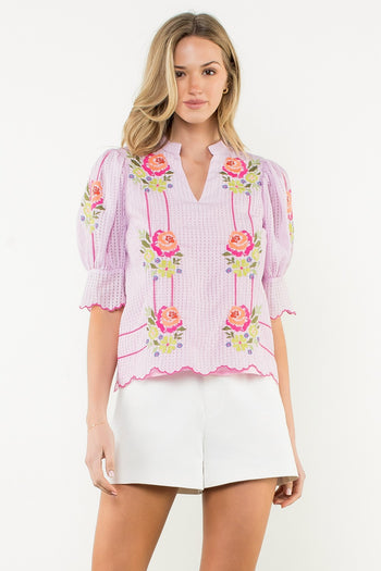 THML Burnout Checkered Top with Stitching and Floral Embroidery Details in Pink
