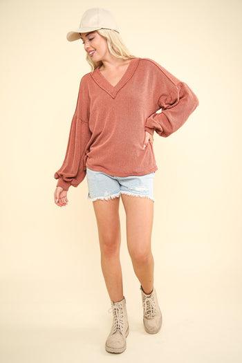 Very J OVERSIZED Two Toned Otto Ribbed Top in Cedarwood