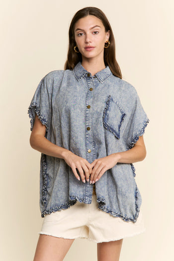 J.nna Denim Ruffle Edge Boxy Top in Denim