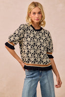 BiBi Textured Rose Knit Top With Contrasting Banded Puff Sleeves in Black/Light Grey