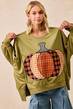 Load image into Gallery viewer, BiBi OVERSIZED Plaid Pumpkin Patch French Terry Top in Olive
